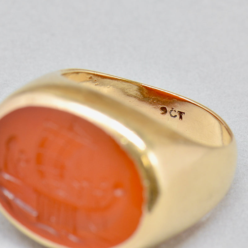 Antique Carnelian Intaglio Galley/Sailing Ship 9ct Yellow Gold Signet Ring (Large & Chunky)