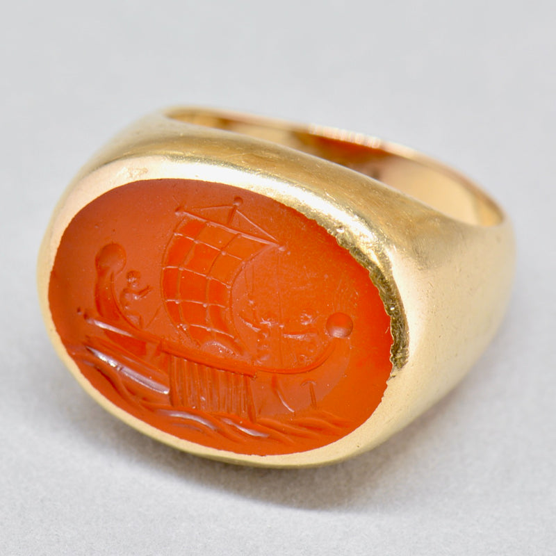 Antique Carnelian Intaglio Galley/Sailing Ship 9ct Yellow Gold Signet Ring (Large & Chunky)