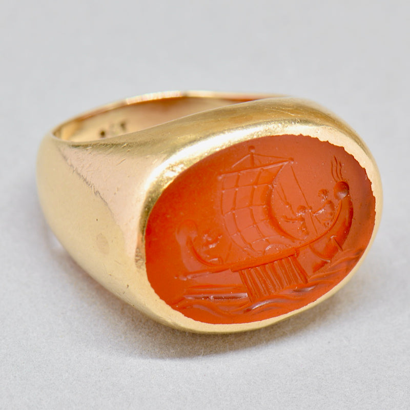 Antique Carnelian Intaglio Galley/Sailing Ship 9ct Yellow Gold Signet Ring (Large & Chunky)