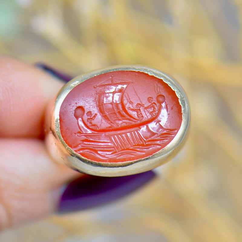 Antique Carnelian Intaglio Galley/Sailing Ship 9ct Yellow Gold Signet Ring (Large & Chunky)