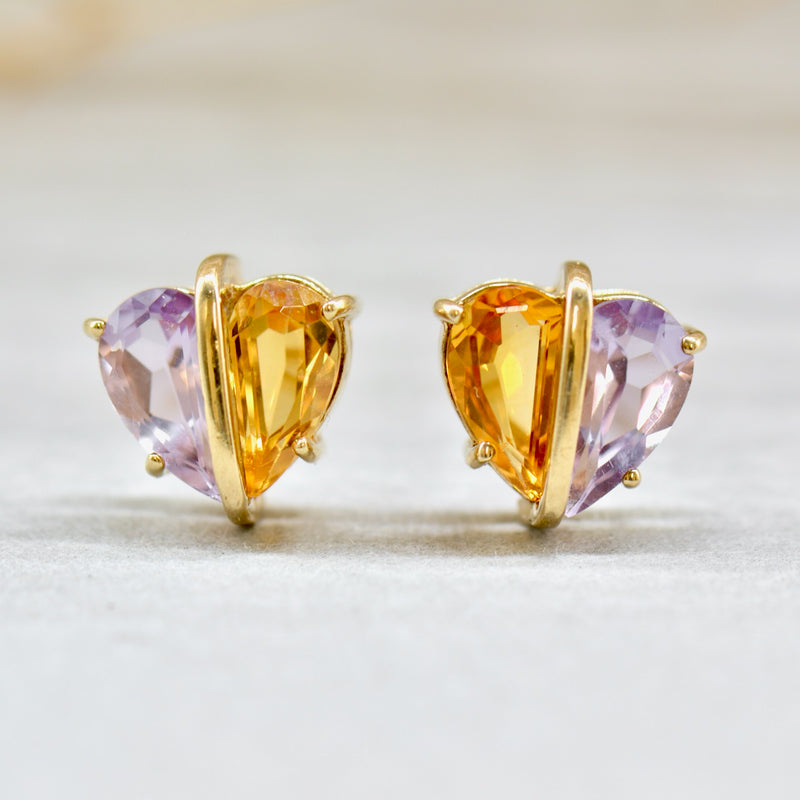 Citrine and Amethyst Heart-Shaped 9ct Yellow Gold Stud Earrings