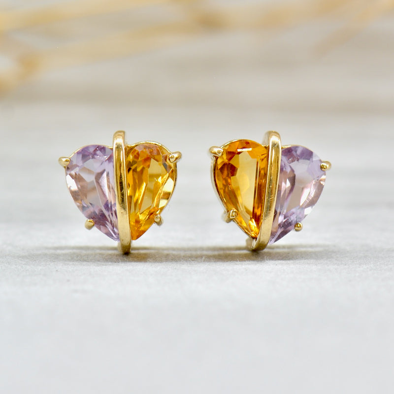 Citrine and Amethyst Heart-Shaped 9ct Yellow Gold Stud Earrings