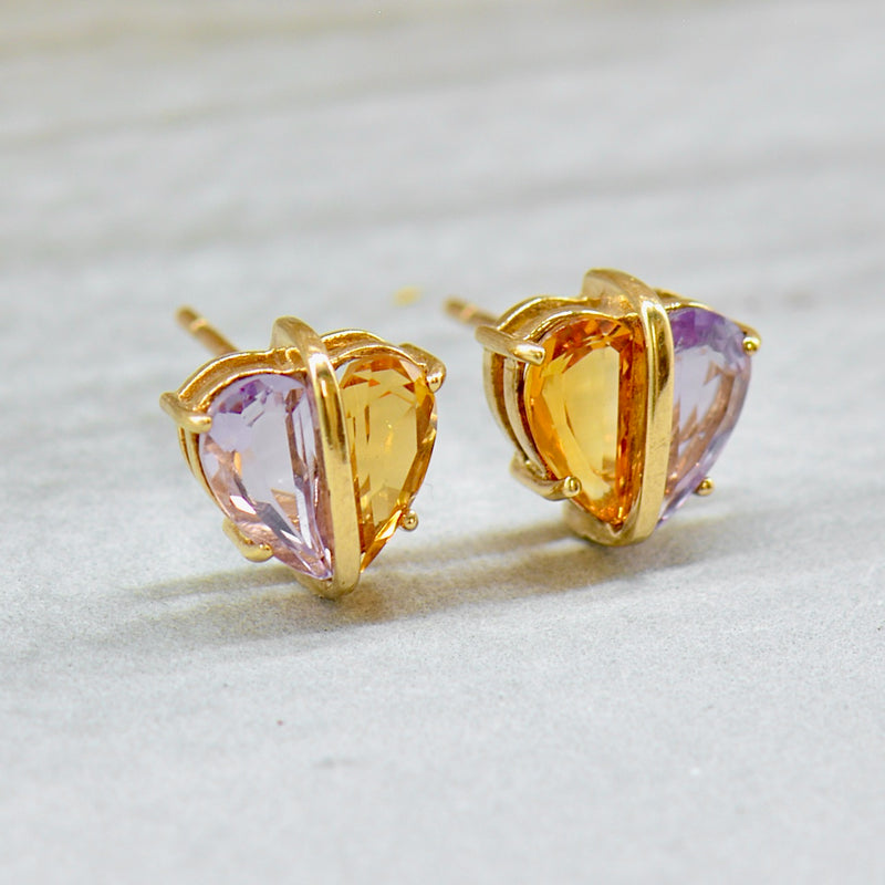 Citrine and Amethyst Heart-Shaped 9ct Yellow Gold Stud Earrings