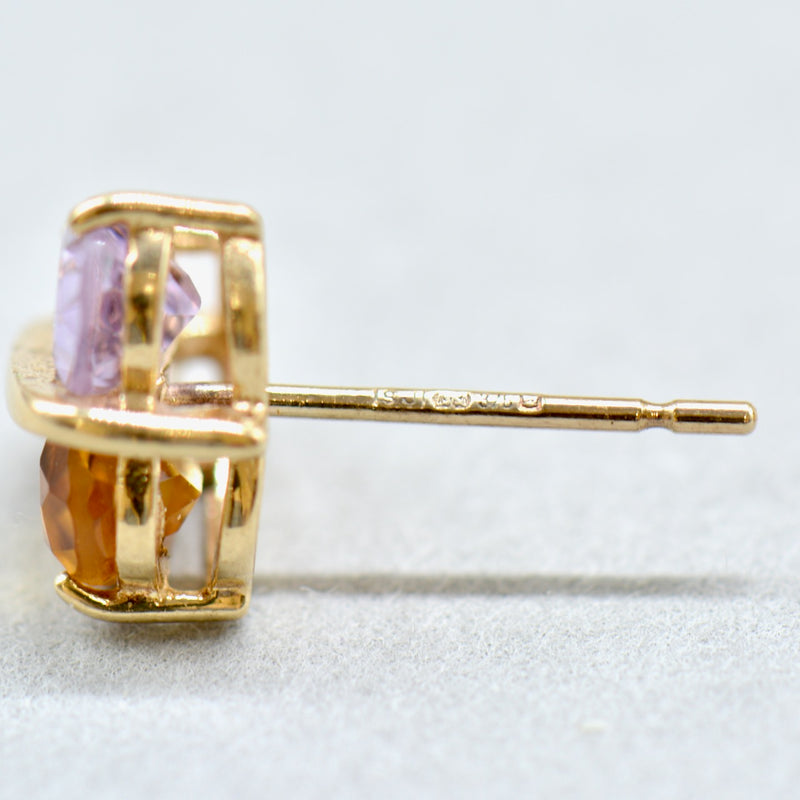 Citrine and Amethyst Heart-Shaped 9ct Yellow Gold Stud Earrings