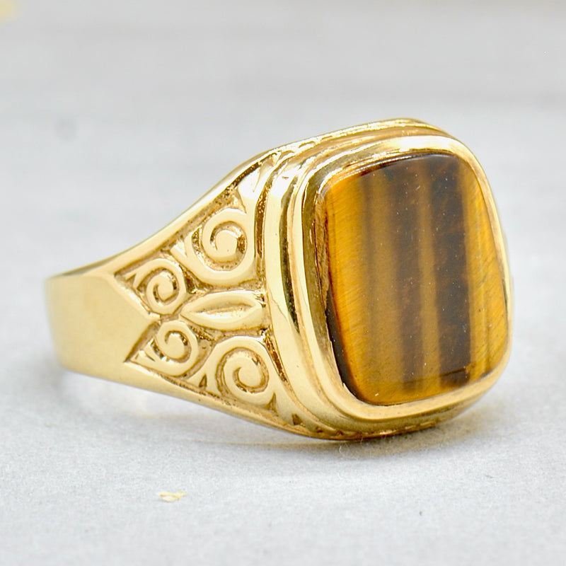 Vintage 1980s Tiger’s Eye 9ct Yellow Gold Mens Engraved Rectangle Signet Ring