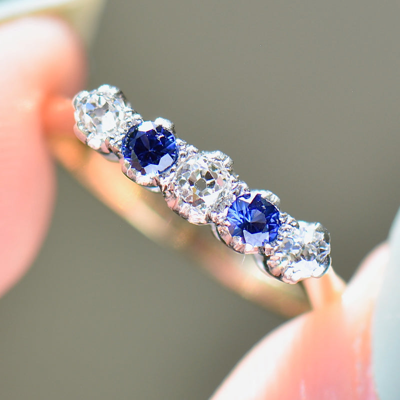 Edwardian Old-Cut Cornflower Blue Sapphire & Diamond Five-Stone Ring (0.42ct)