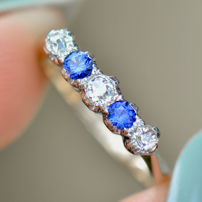 Edwardian Old-Cut Cornflower Blue Sapphire & Diamond Five-Stone Ring (0.42ct)