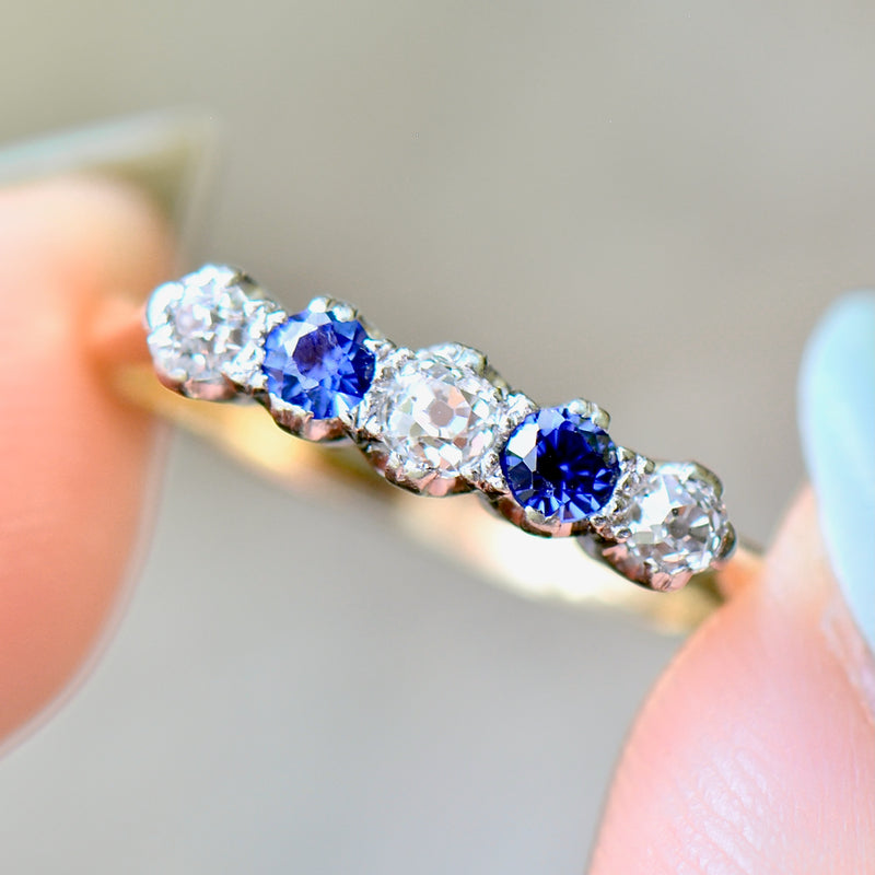 Edwardian Old-Cut Cornflower Blue Sapphire & Diamond Five-Stone Ring (0.42ct)