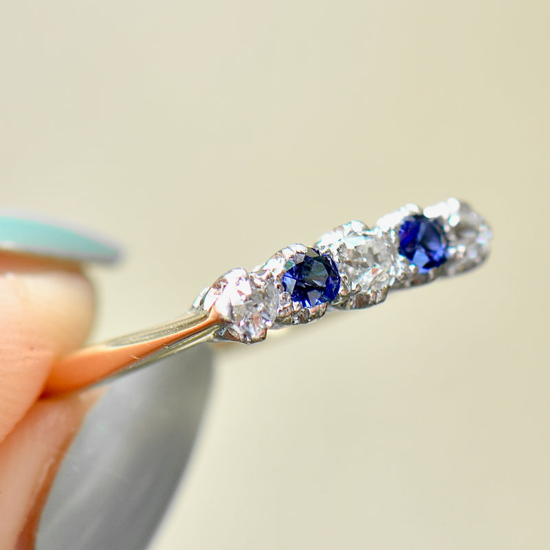 Edwardian Old-Cut Cornflower Blue Sapphire & Diamond Five-Stone Ring (0.42ct)