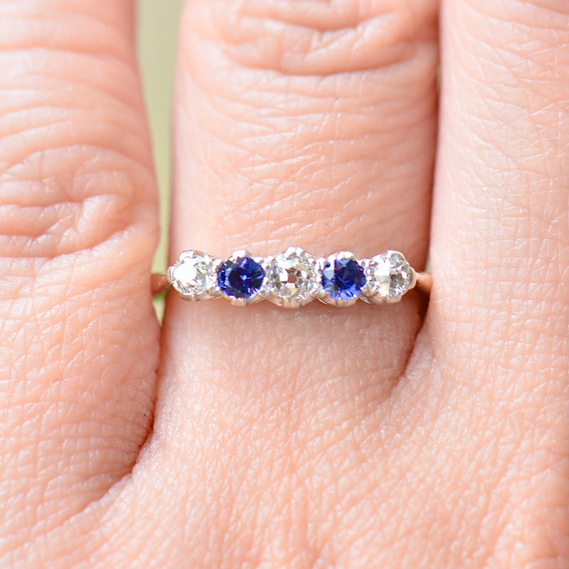 Edwardian Old-Cut Cornflower Blue Sapphire & Diamond Five-Stone Ring (0.42ct)