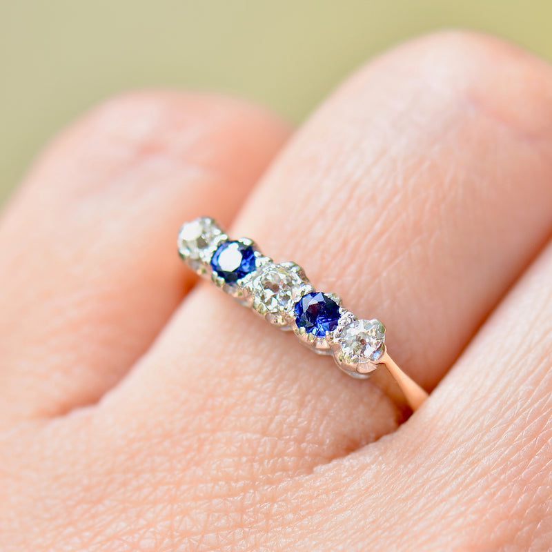 Edwardian Old-Cut Cornflower Blue Sapphire & Diamond Five-Stone Ring (0.42ct)