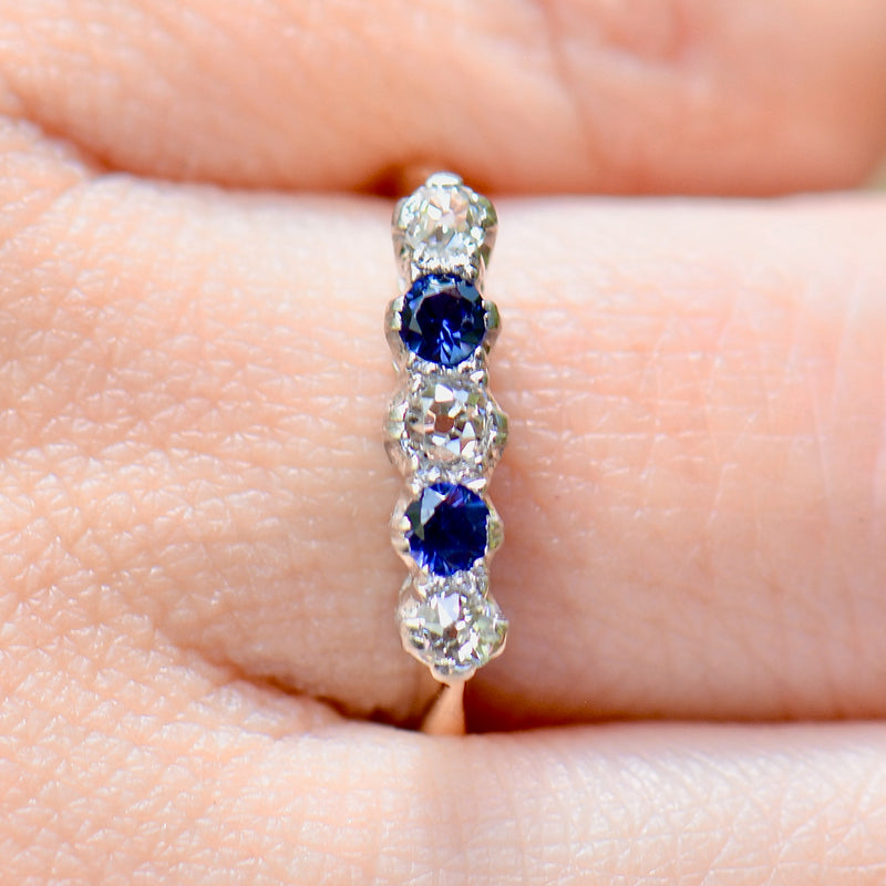 Edwardian Old-Cut Cornflower Blue Sapphire & Diamond Five-Stone Ring (0.42ct)