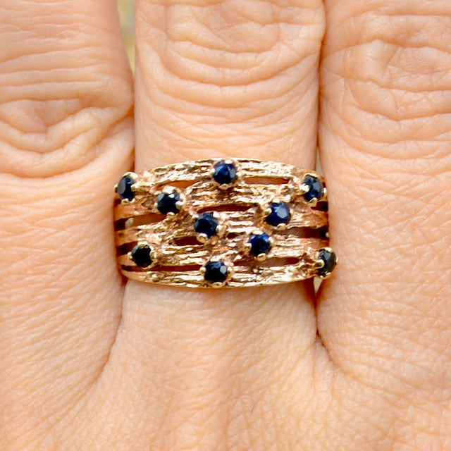 Vintage 9ct Yellow Gold Blue Sapphire Brutalist Ring