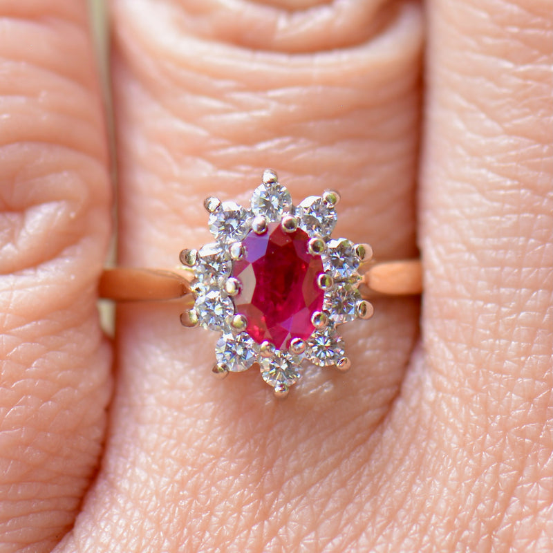 Vintage 2000s Ruby and Diamond 18ct Yellow Gold Halo Ring (0.89ct)