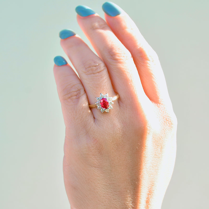 Vintage 2000s Ruby and Diamond 18ct Yellow Gold Halo Ring (0.89ct)