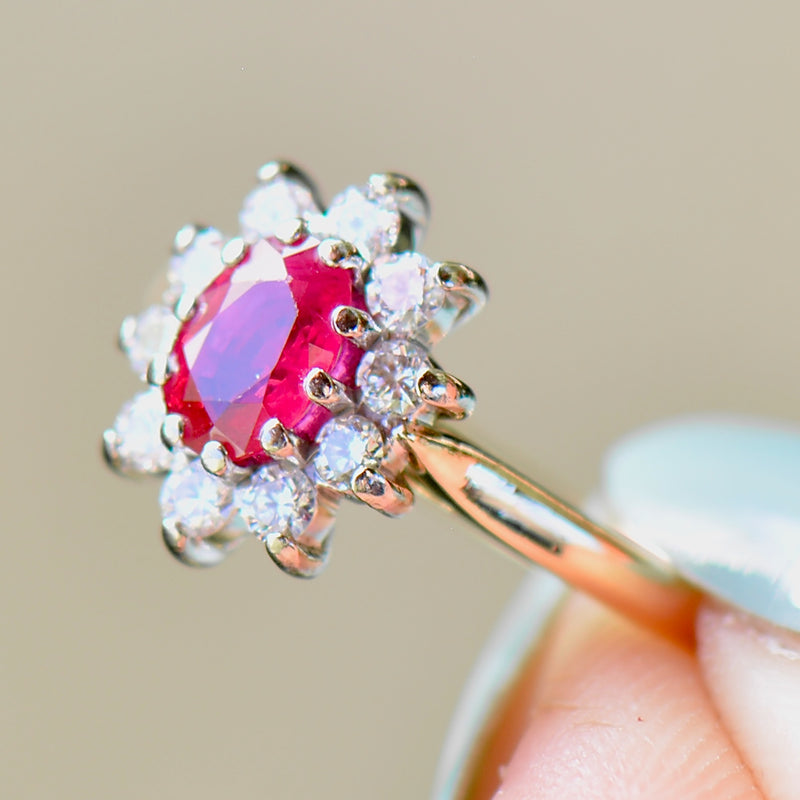 Vintage 2000s Ruby and Diamond 18ct Yellow Gold Halo Ring (0.89ct)