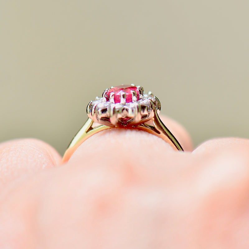 Vintage 2000s Ruby and Diamond 18ct Yellow Gold Halo Ring (0.89ct)