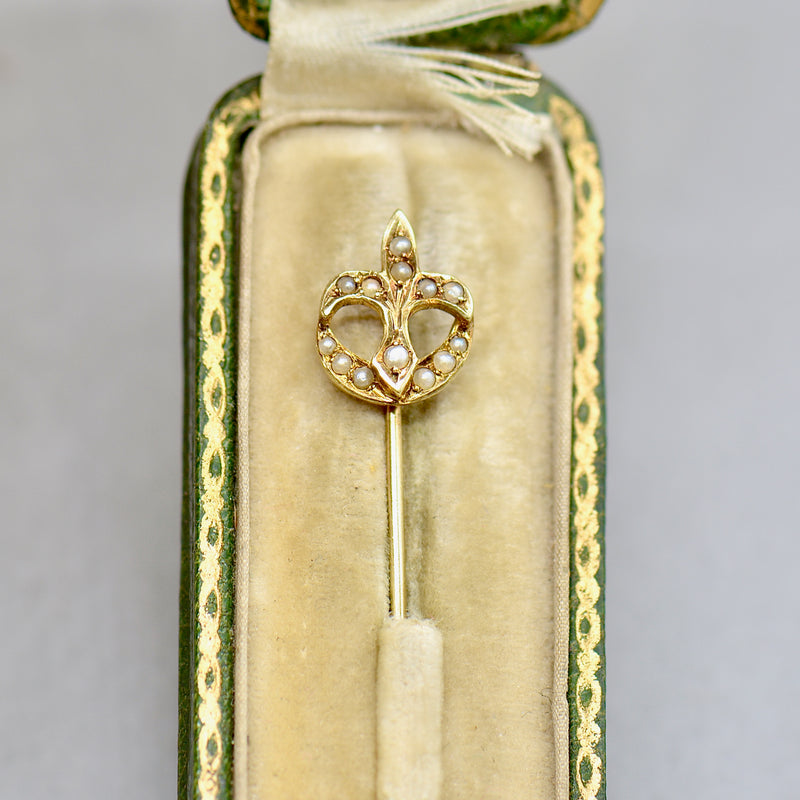 Antique French Fleur-de-lis Seed Pearl 14ct Yellow Gold Stick Pin With Box