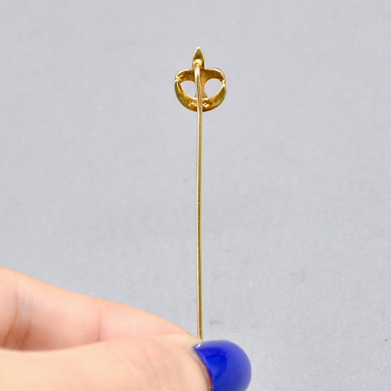 Antique French Fleur-de-lis Seed Pearl 14ct Yellow Gold Stick Pin With Box