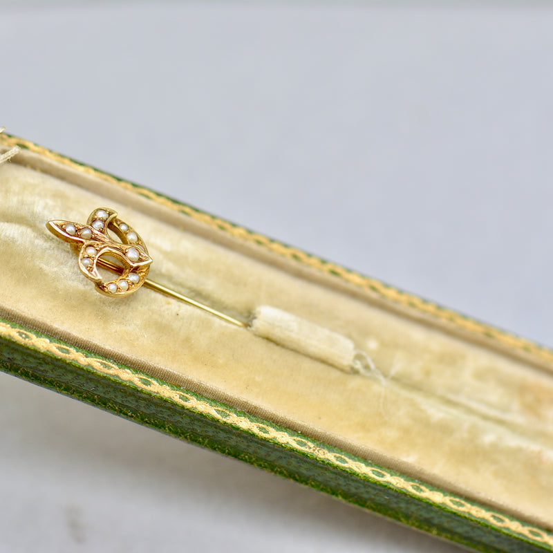 Antique French Fleur-de-lis Seed Pearl 14ct Yellow Gold Stick Pin With Box