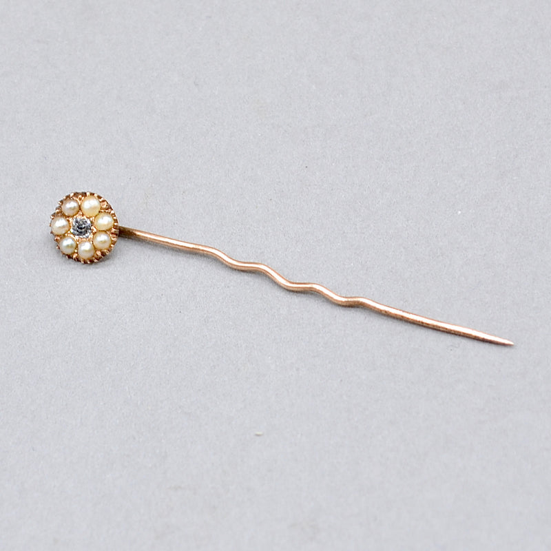 Victorian Seed Pearl & Old-Cut Light Blue Diamond 9ct Rose Gold Stick Pin With Box