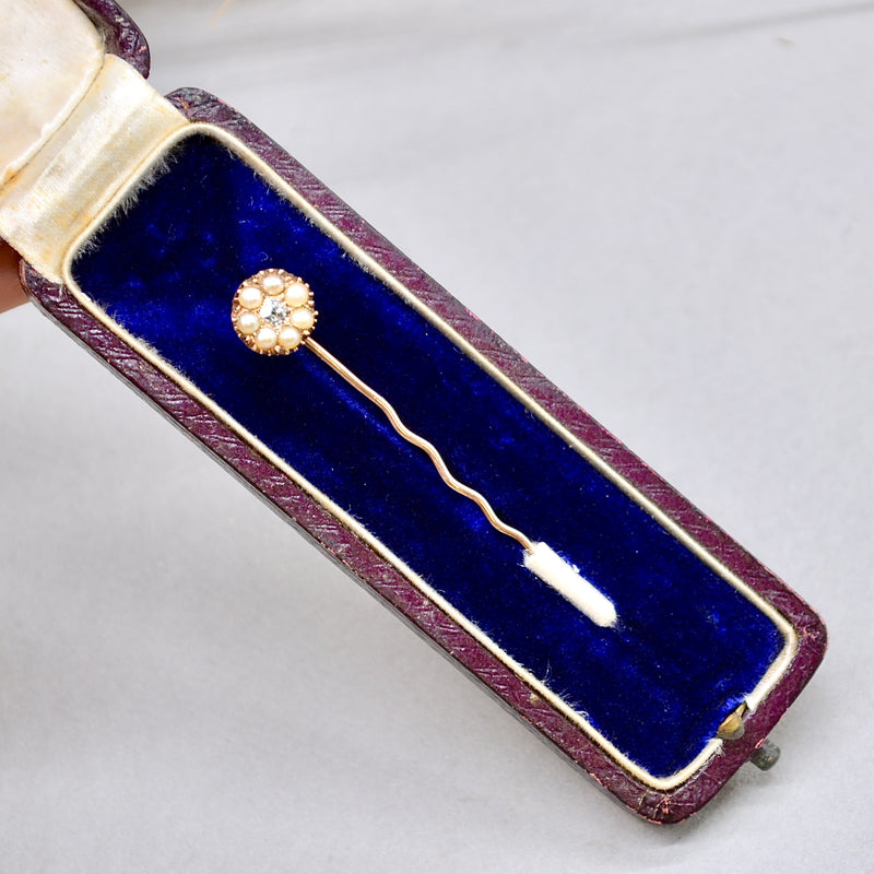 Victorian Seed Pearl & Old-Cut Light Blue Diamond 9ct Rose Gold Stick Pin With Box