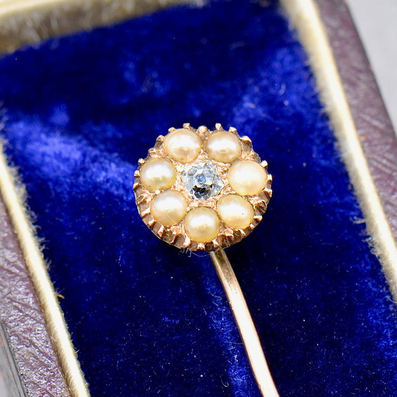 Victorian Seed Pearl & Old-Cut Light Blue Diamond 9ct Rose Gold Stick Pin With Box