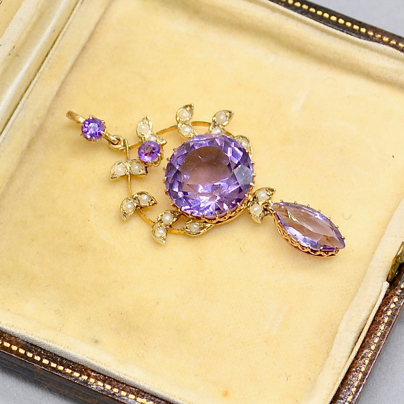 Antique Art Nouveau Amethyst and Seed Pearl 14ct Yellow Gold Lavalier Pendant (12.48ct)