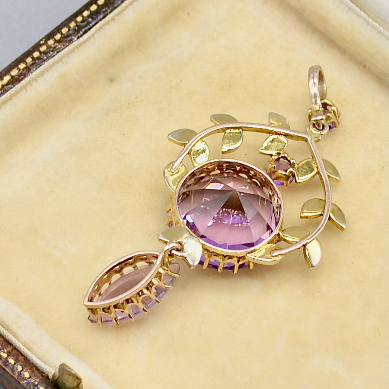 Antique Art Nouveau Amethyst and Seed Pearl 14ct Yellow Gold Lavalier Pendant (12.48ct)