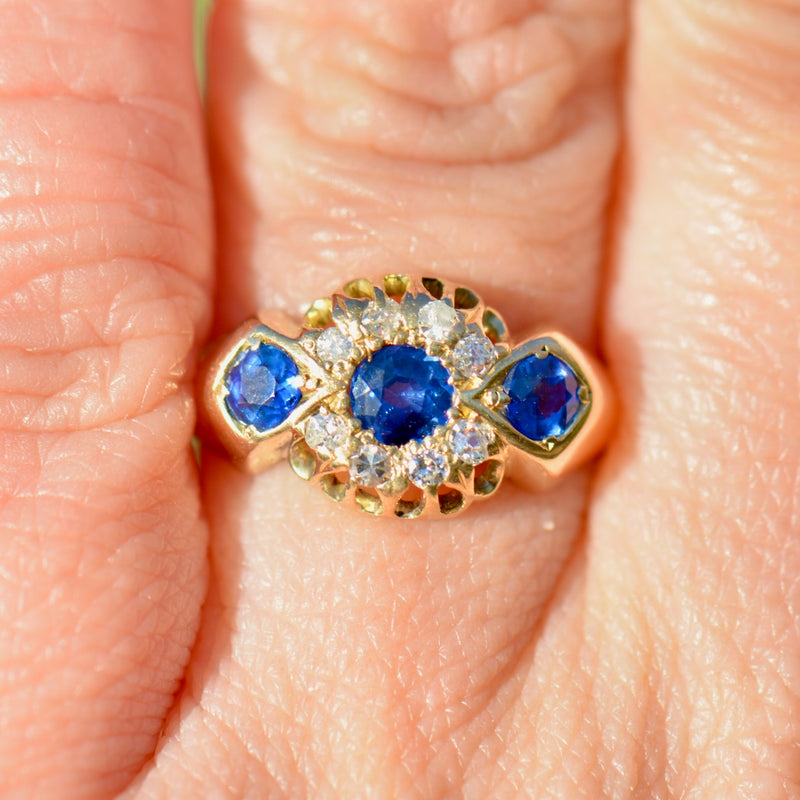 Edwardian 1912 Cornflower Blue Sapphire and Diamond Triple Cluster 18ct Yellow Gold Ring (0.75ct)