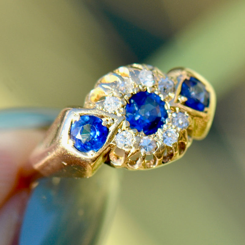 Edwardian 1912 Cornflower Blue Sapphire and Diamond Triple Cluster 18ct Yellow Gold Ring (0.75ct)