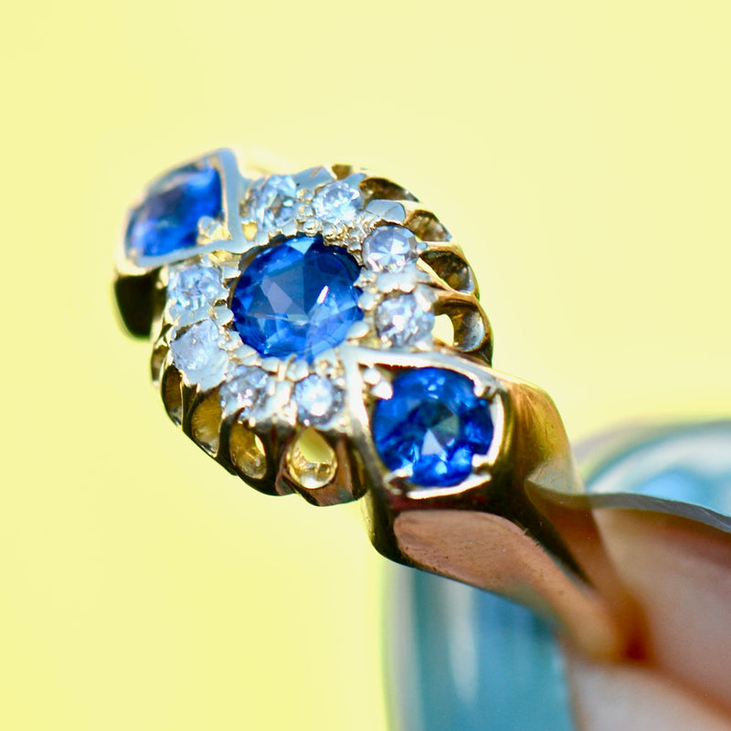 Edwardian 1912 Cornflower Blue Sapphire and Diamond Triple Cluster 18ct Yellow Gold Ring (0.75ct)