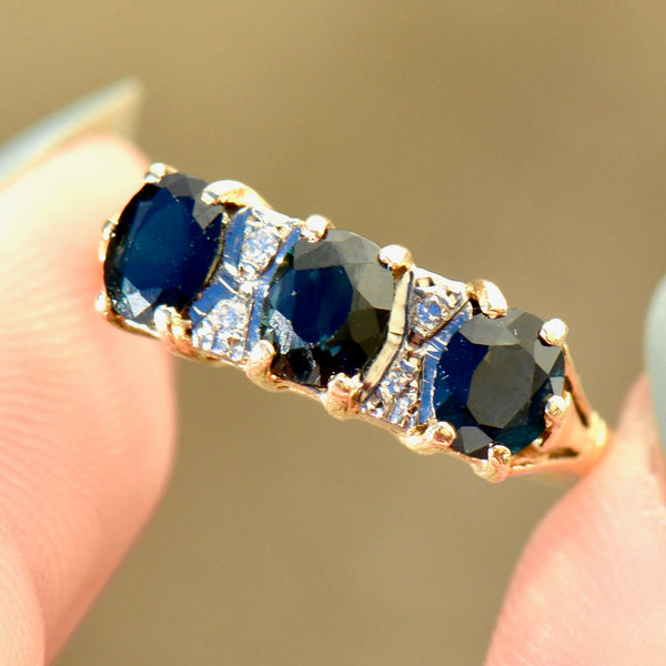 Vintage Midnight Blue Sapphire and Diamond 18ct Yellow Gold Trilogy Ring (1.68cts)