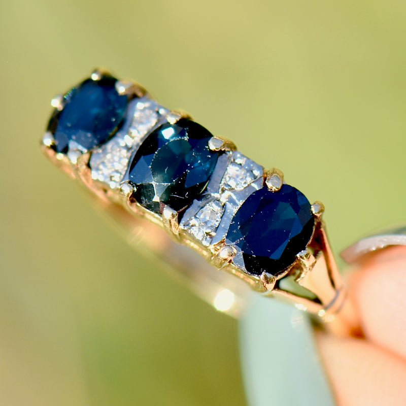 Vintage Midnight Blue Sapphire and Diamond 18ct Yellow Gold Trilogy Ring (1.68cts)