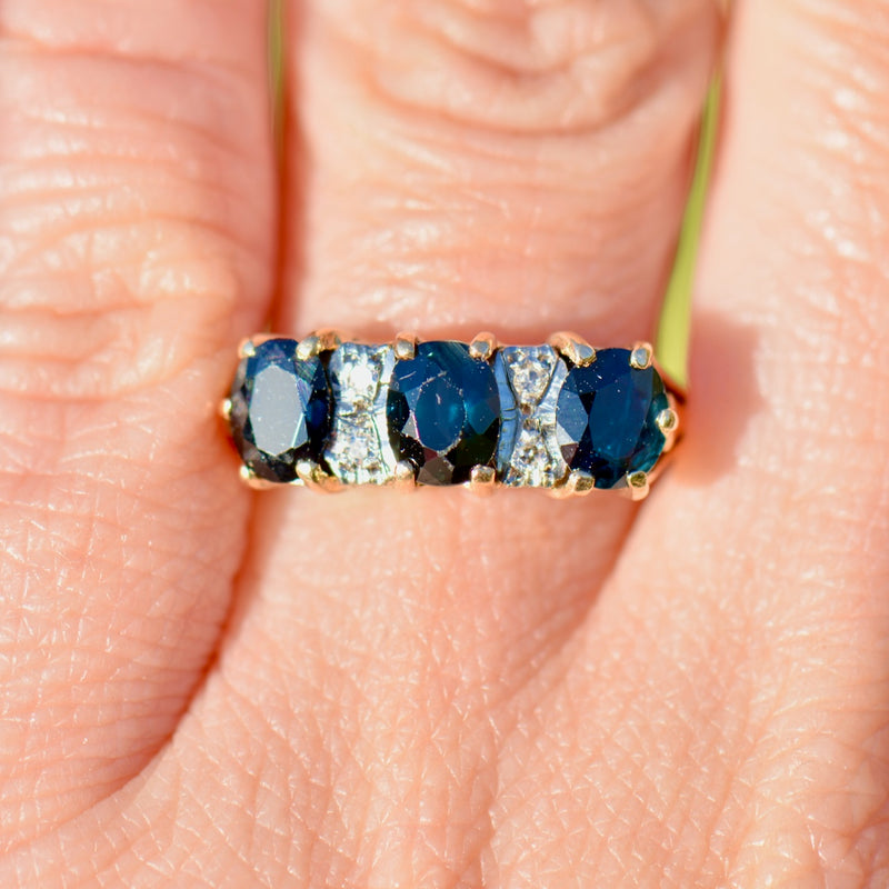 Vintage Midnight Blue Sapphire and Diamond 18ct Yellow Gold Trilogy Ring (1.68cts)