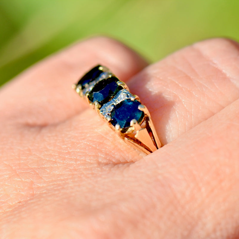 Vintage Midnight Blue Sapphire and Diamond 18ct Yellow Gold Trilogy Ring (1.68cts)