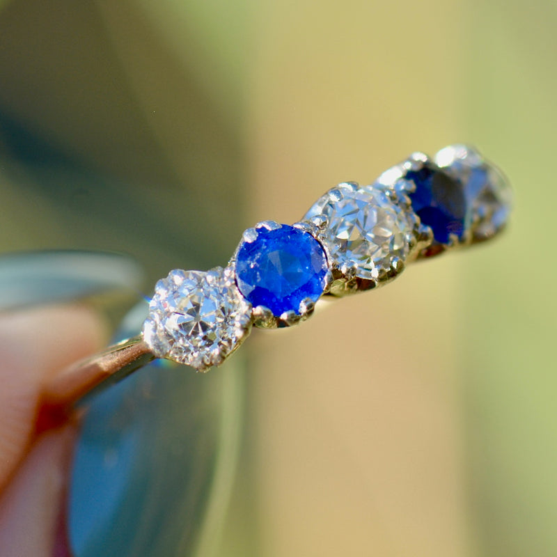 Edwardian Old European Cut Cornflower Blue Sapphire & Diamond Five-Stone Ring (1.90cts)