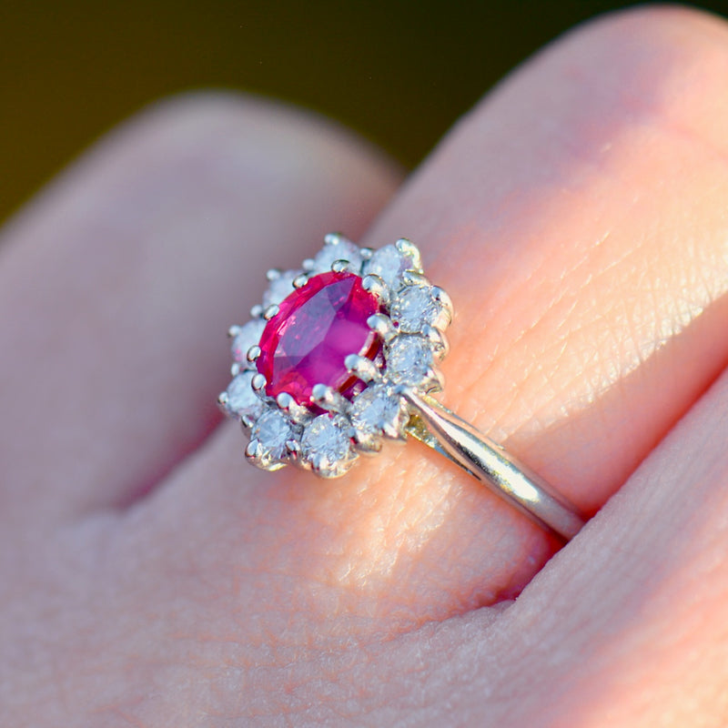 Vintage 2000s Ruby and Diamond 18ct White Gold Halo Ring (1.13cts)