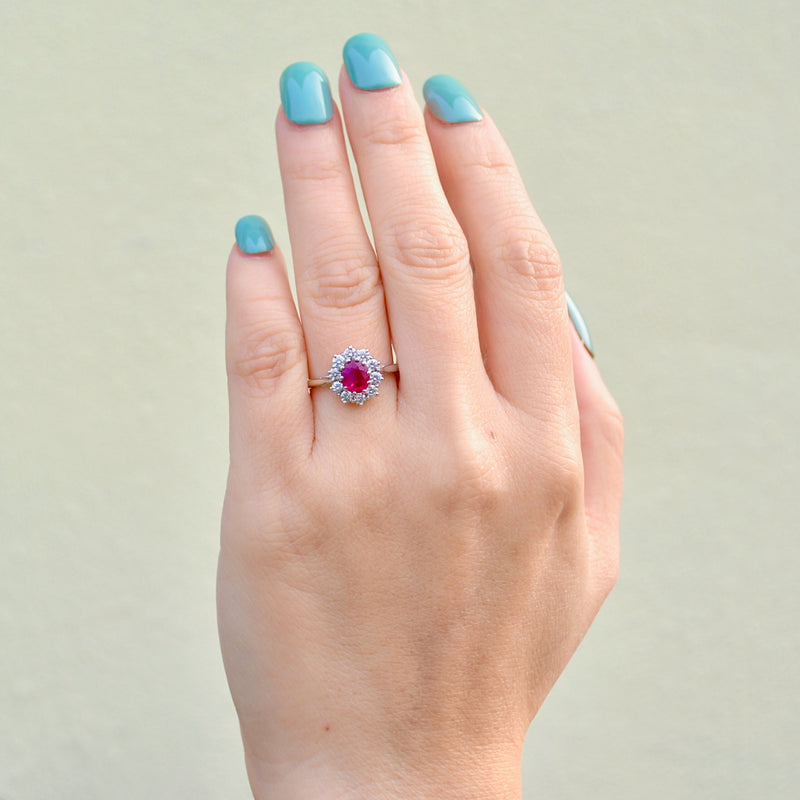 Vintage 2000s Ruby and Diamond 18ct White Gold Halo Ring (1.13cts)