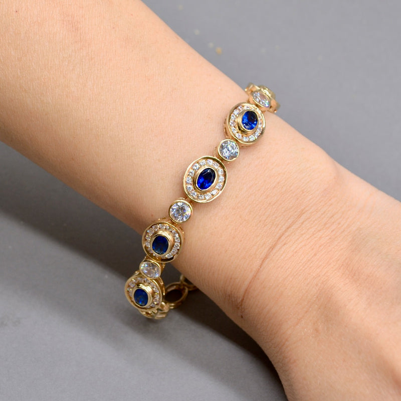 9ct Yellow Gold Blue & White Cubic Zirconia Halo Bracelet