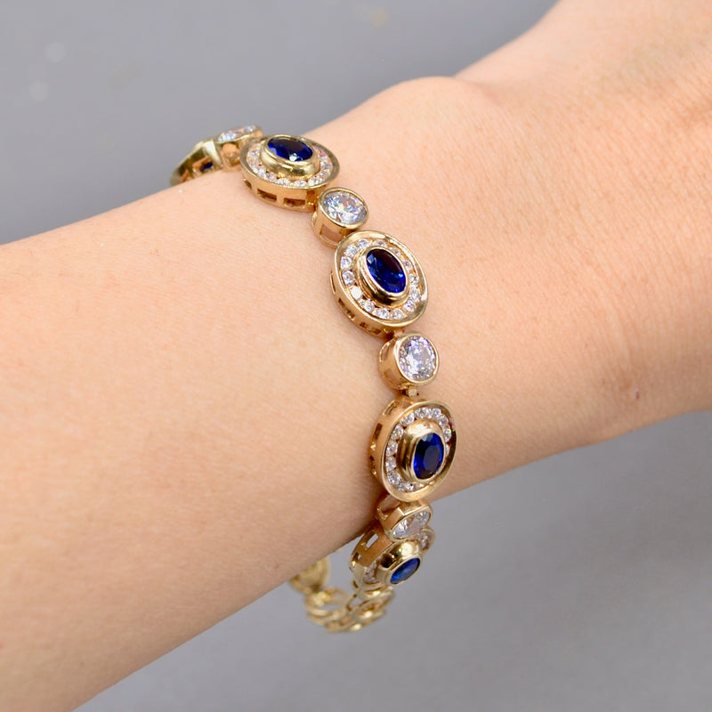 9ct Yellow Gold Blue & White Cubic Zirconia Halo Bracelet