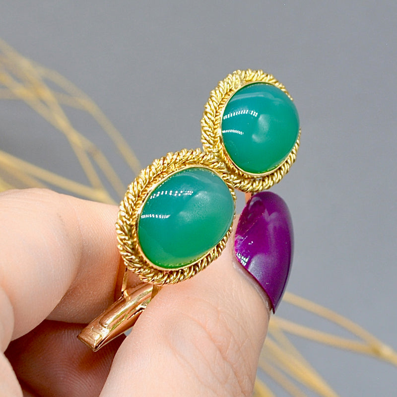 Vintage 1950s Green Chrysoprase Gold Cufflinks