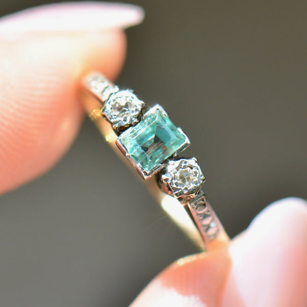 Art Deco 18CT Yellow Gold & Platinum Trilogy Aquamarine & Diamond Engagement Ring