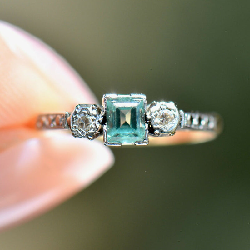 Art Deco 18CT Yellow Gold & Platinum Trilogy Aquamarine & Diamond Engagement Ring