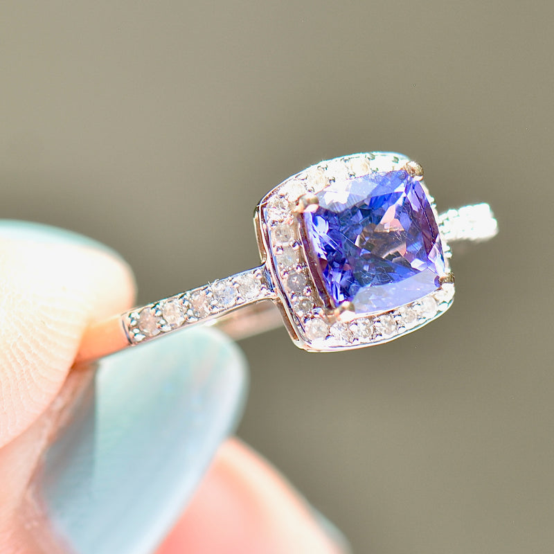 AAA Tanzanite and Diamond 9ct Yellow Gold Cushion Halo Ring (1.66cts)