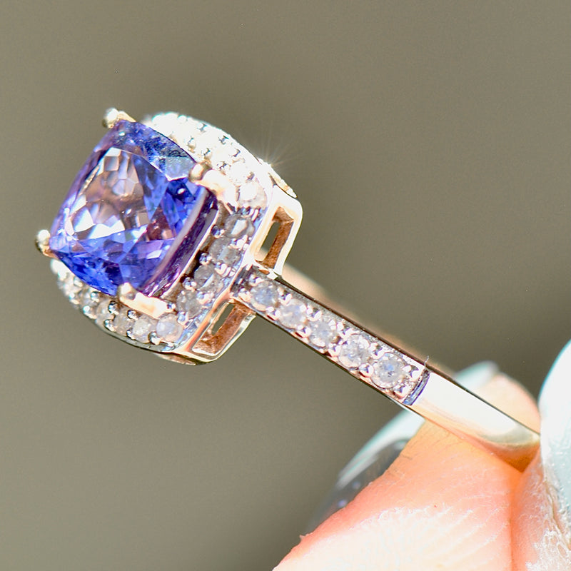 AAA Tanzanite and Diamond 9ct Yellow Gold Cushion Halo Ring (1.66cts)