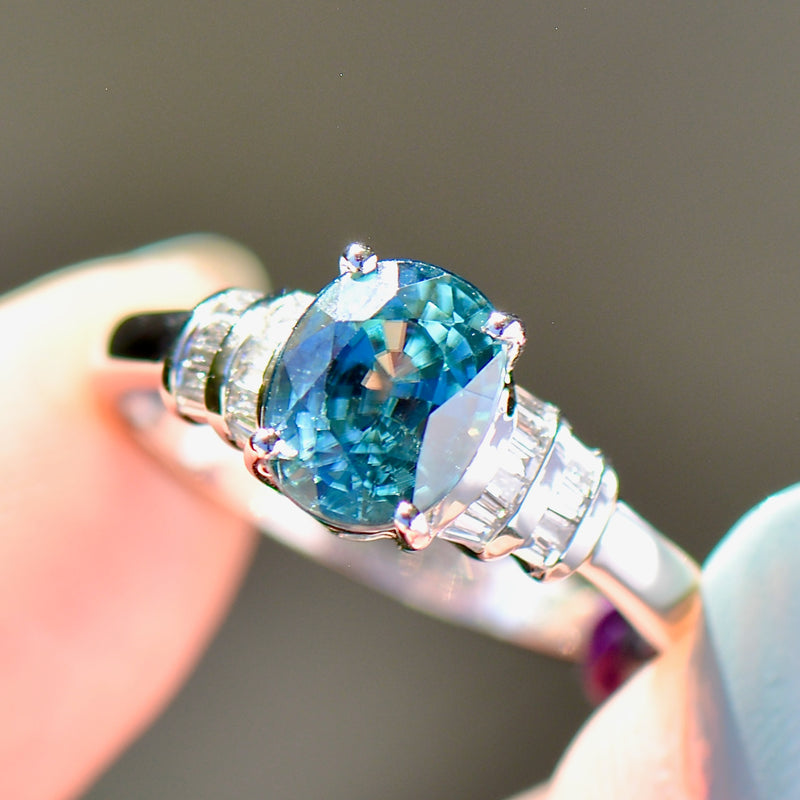 Blue Zircon and Diamond (VS/E-F) 950 Platinum Ring (3.93cts)