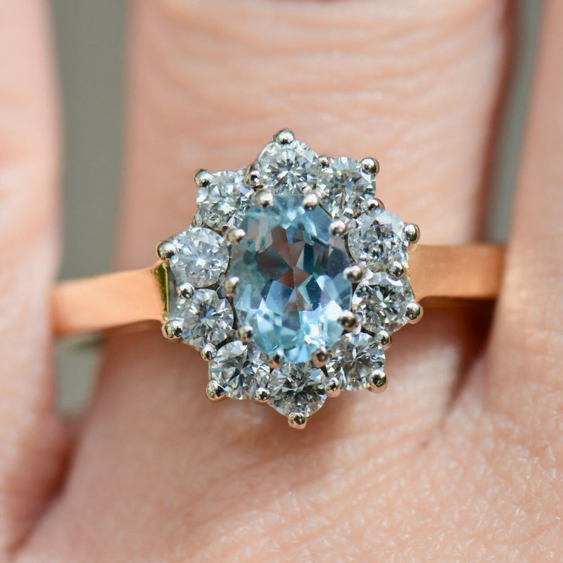 Vintage Aquamarine & Diamond 18ct Gold Halo Engagement Ring (1.35cts)