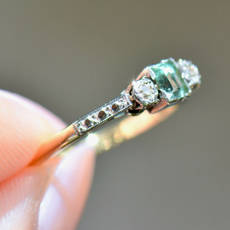 Art Deco 18CT Yellow Gold & Platinum Trilogy Aquamarine & Diamond Engagement Ring