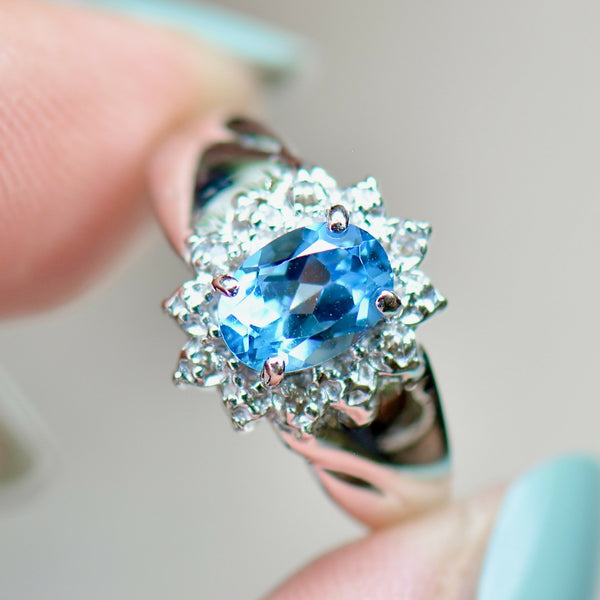 Swiss Blue Topaz & Diamond 9ct White Gold Halo Ring